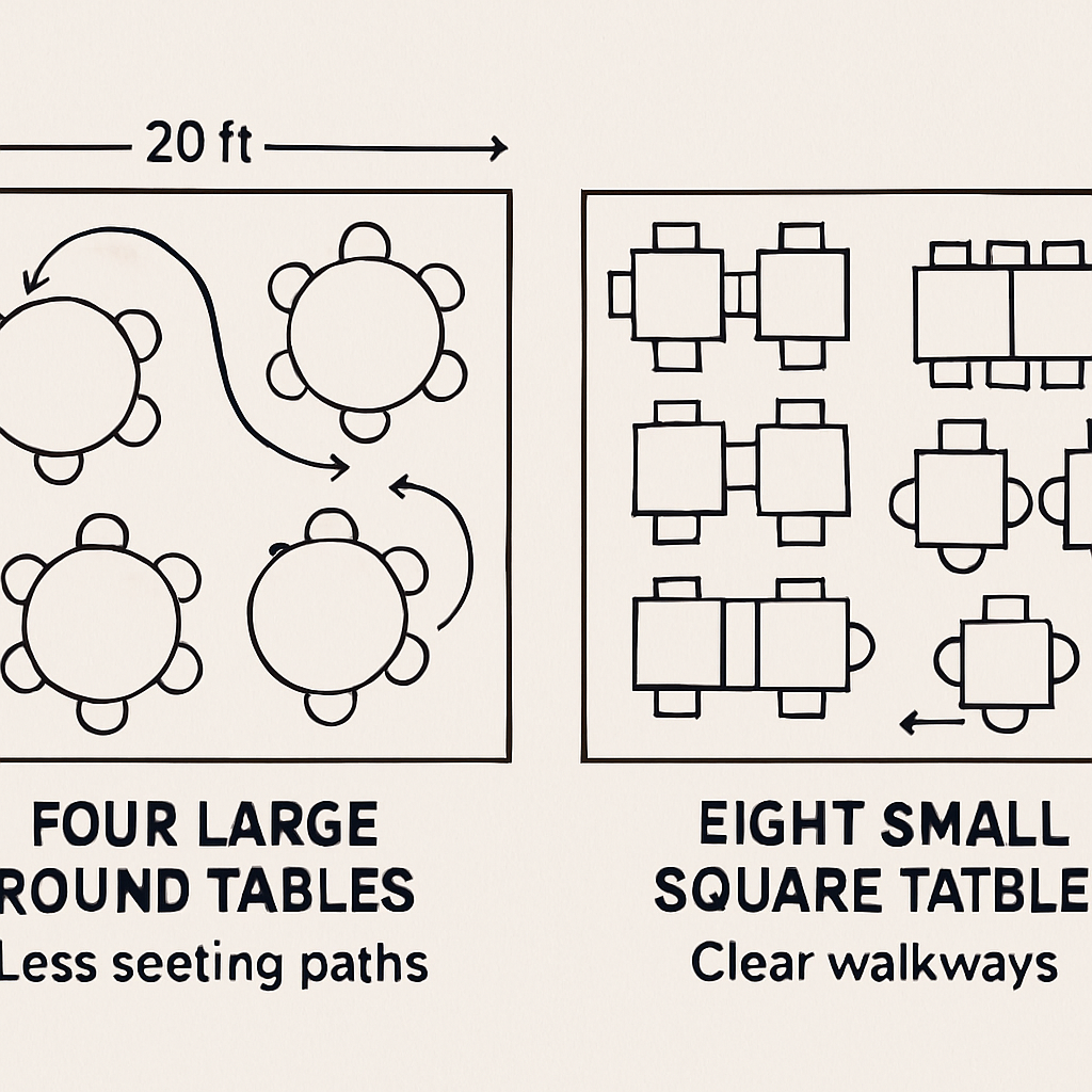 A simple diagram showing two layout options for the same 20x20 ft room. One layout uses four large round tables, showing less seating and awkward traffic paths. The other uses eight small square tables, showing more seating and clear walkways, with two tables pushed together to illustrate flexibility A simple diagram showing two layout options for the same 20x20 ft room. One layout uses four large round tables, showing less seating and awkward traffic paths. The other uses eight small square tabl
