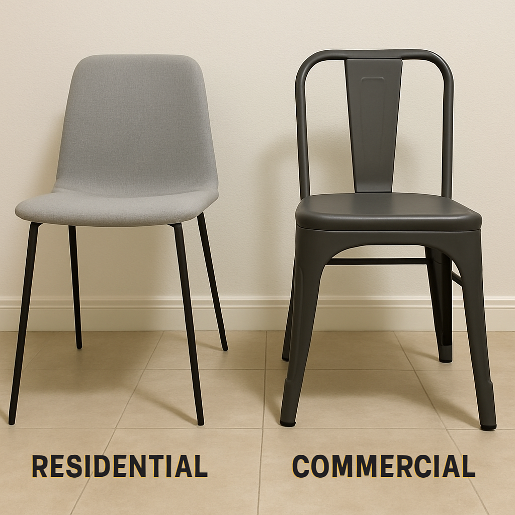 A simple side-by-side comparison photo. On the left, a lightweight, spindly-legged dining chair labeled "Residential." On the right, a sturdier, fully-welded cafe chair with thicker legs labeled "Commercial." A simple side-by-side comparison photo. On the left, a lightweight, spindly-legged dining chair labeled Residential. On the right, a sturdier, fully-welded cafe chair with thicker legs labeled Commer