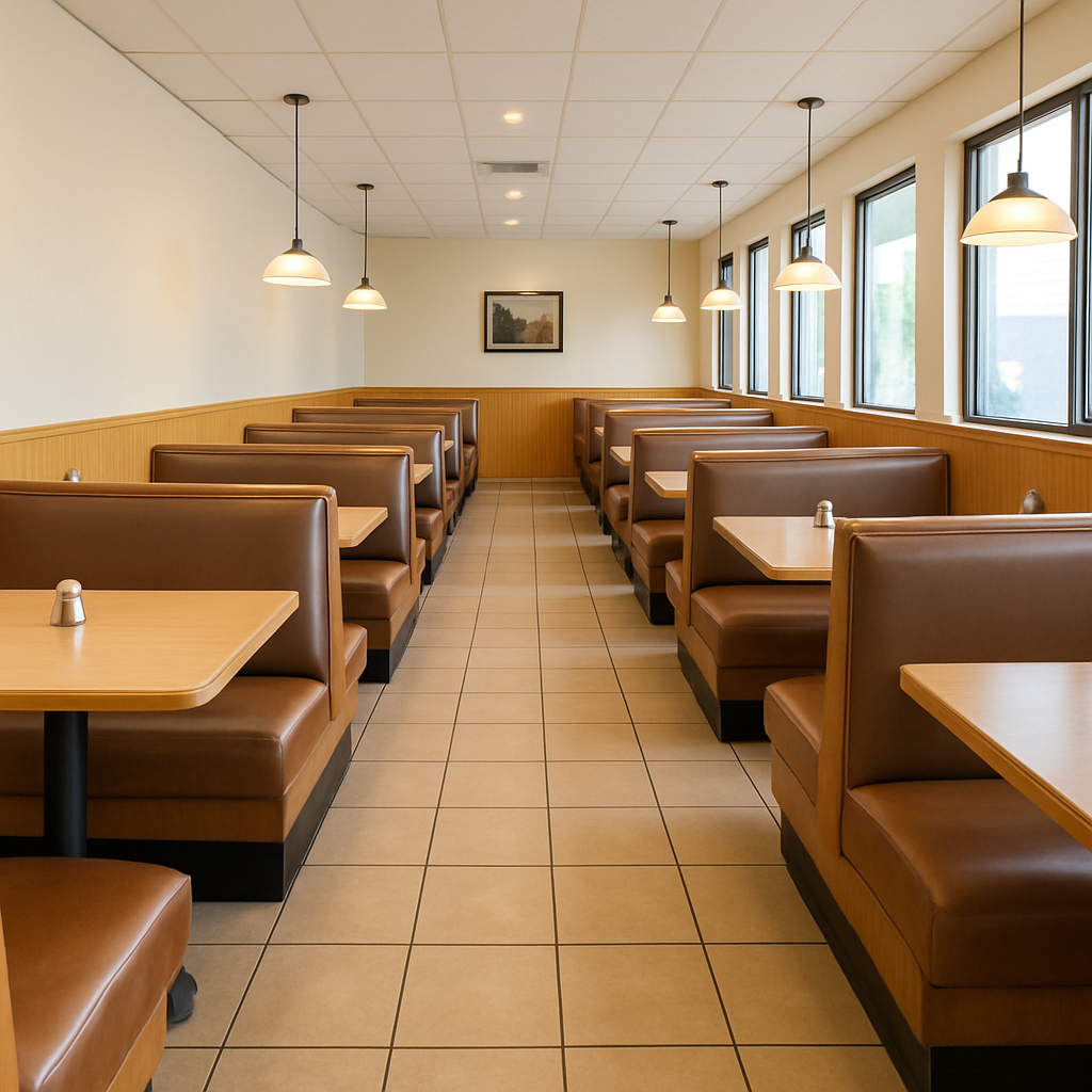 A clean, simple photo of a restaurant interior showing a clear aisle formed by two rows of double-sided booths, highlighting the efficient use of space A clean, simple photo of a restaurant interior showing a clear aisle formed by two rows of double-sided booths, highlighting the efficient use of space