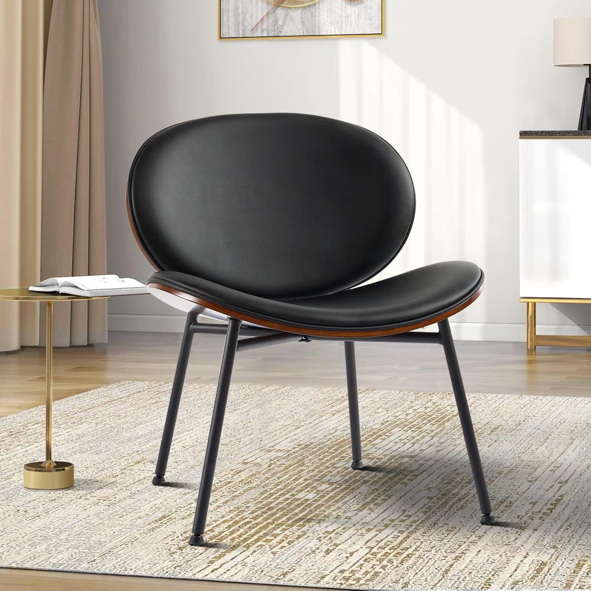 Modern minimalist upholstered reception chair with metal legs and faux leather