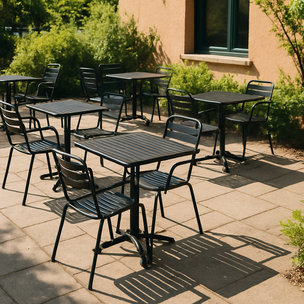 Outdoor metal dining chairs on a sunny caf&eacute; patio