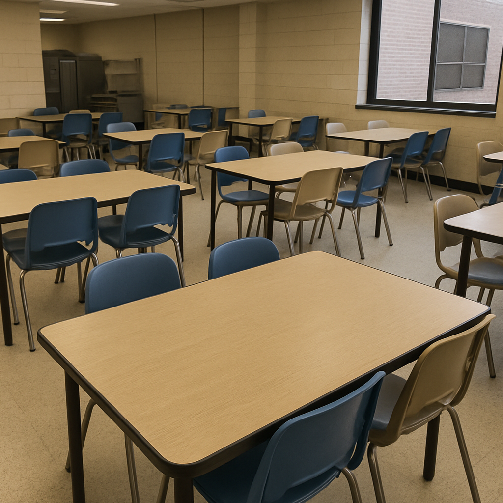 Cafeteria setting with laminate tables