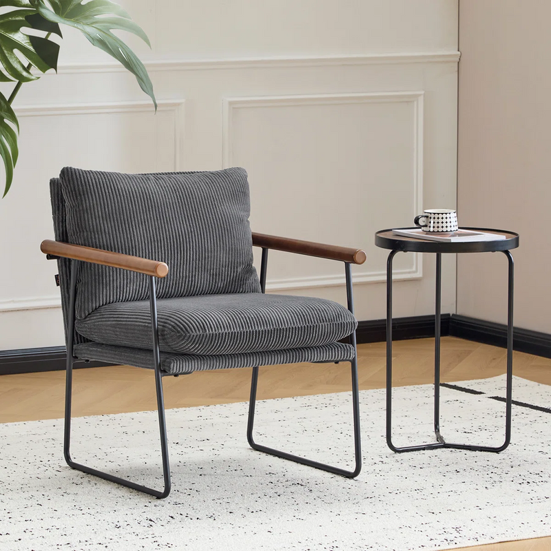 Modern Upholstered Armchair with Wood Armrests and Metal Frame