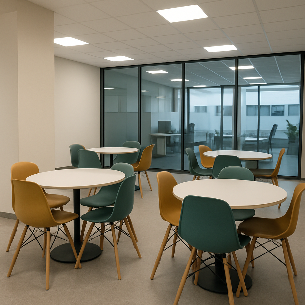 Stylish cafeteria chairs and tables set in an office setting