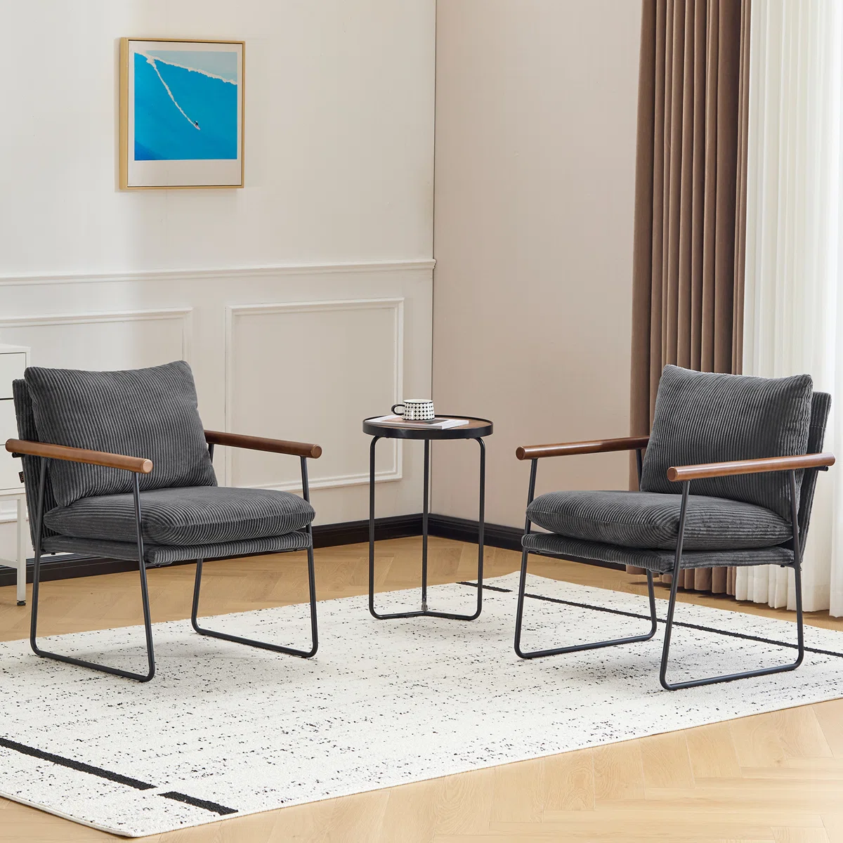 Modern Upholstered Armchair with Wood Armrests and Metal Frame4