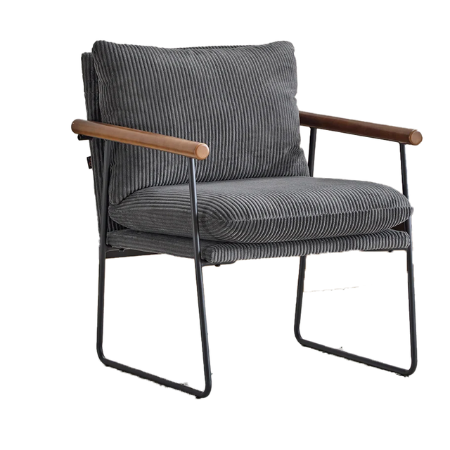 Modern Upholstered Armchair with Wood Armrests and Metal Frame