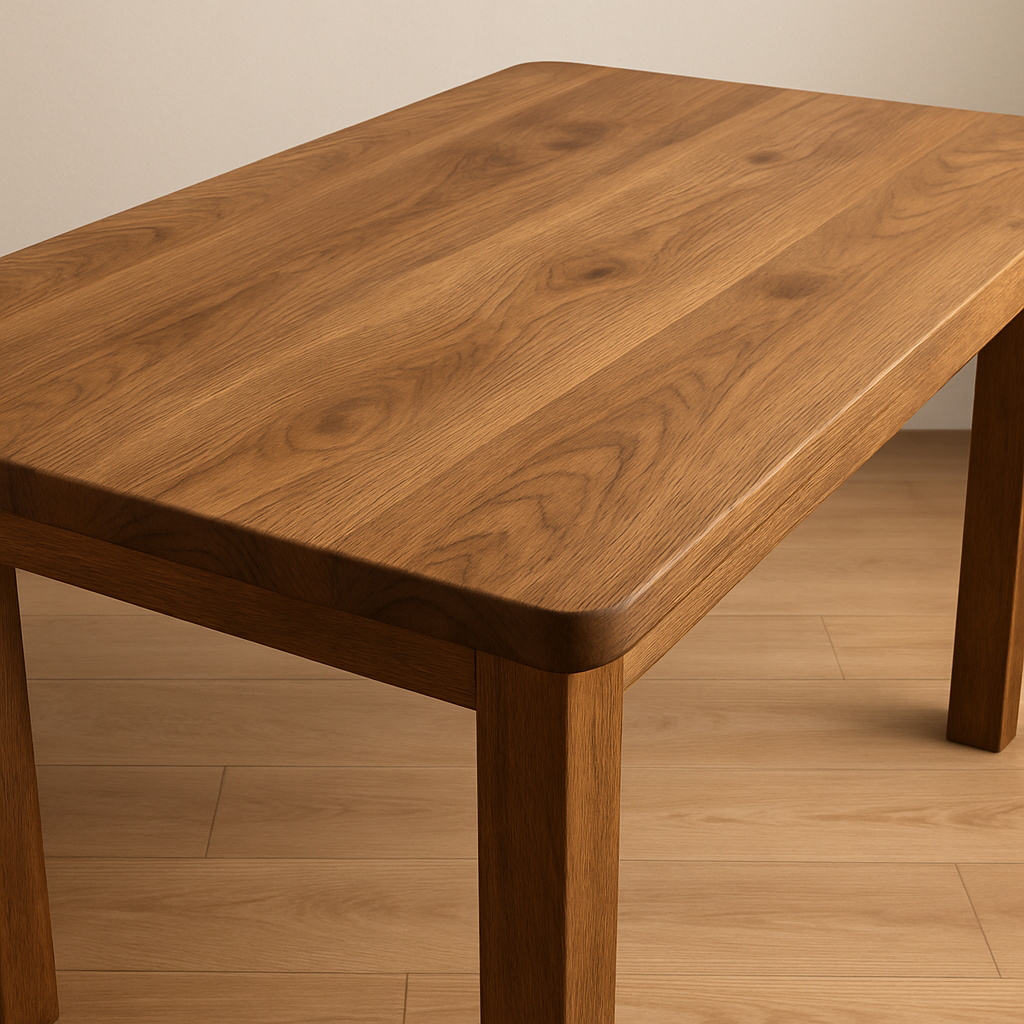 Solid wood dining table close-up