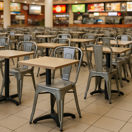 stackable metal dining chairs in a food court setting.png
