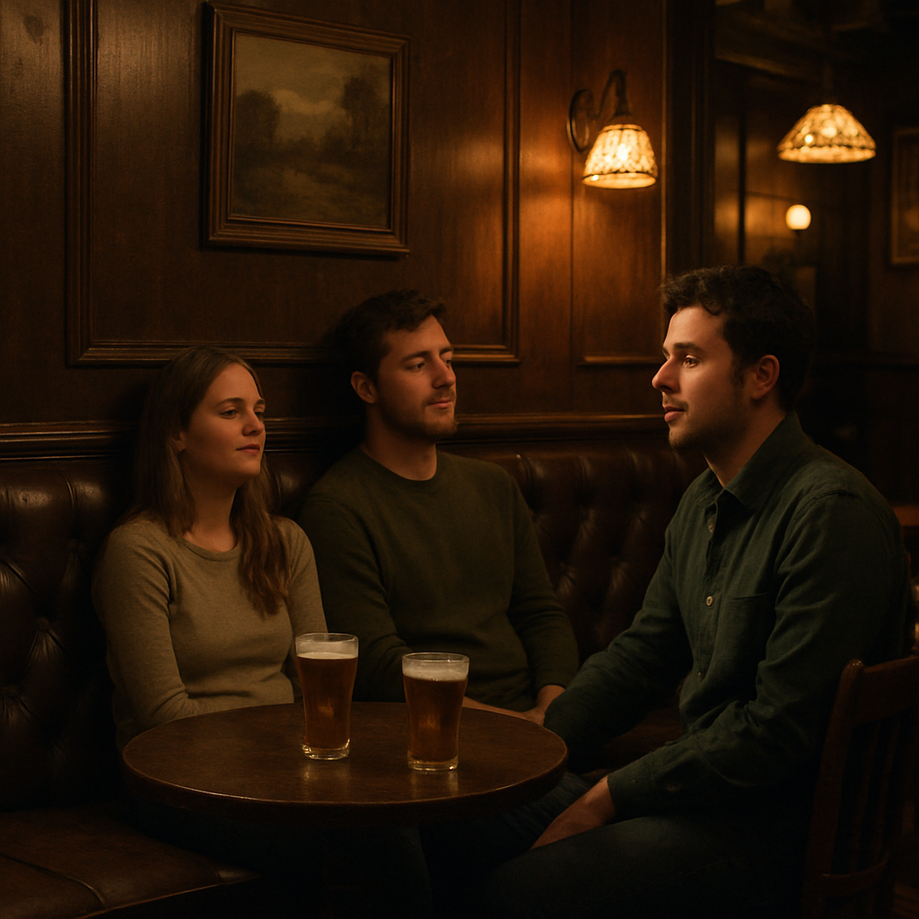 A cozy corner in a pub with a dark leather single row booth. People on the bench side look relaxed and enclosed, while a person in a chair on the aisle side is more engaged with the rooms activity