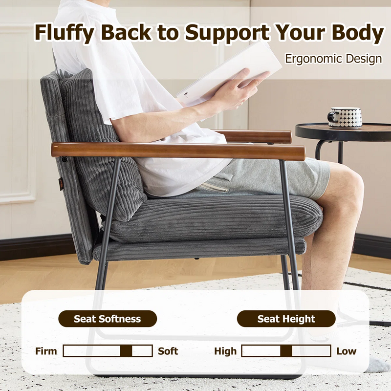 Modern Upholstered Armchair with Wood Armrests and Metal Frame