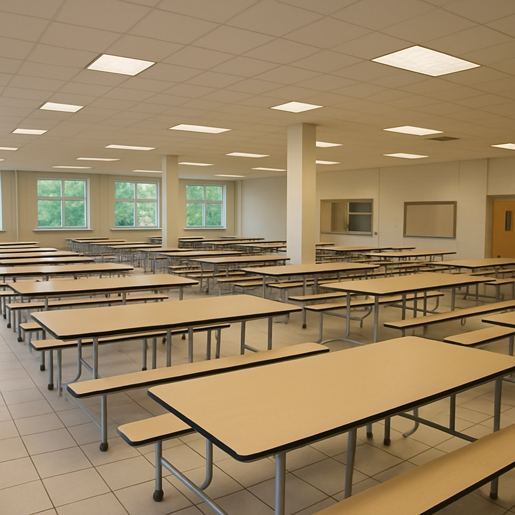 A spacious school cafeteria with neatly arranged tables