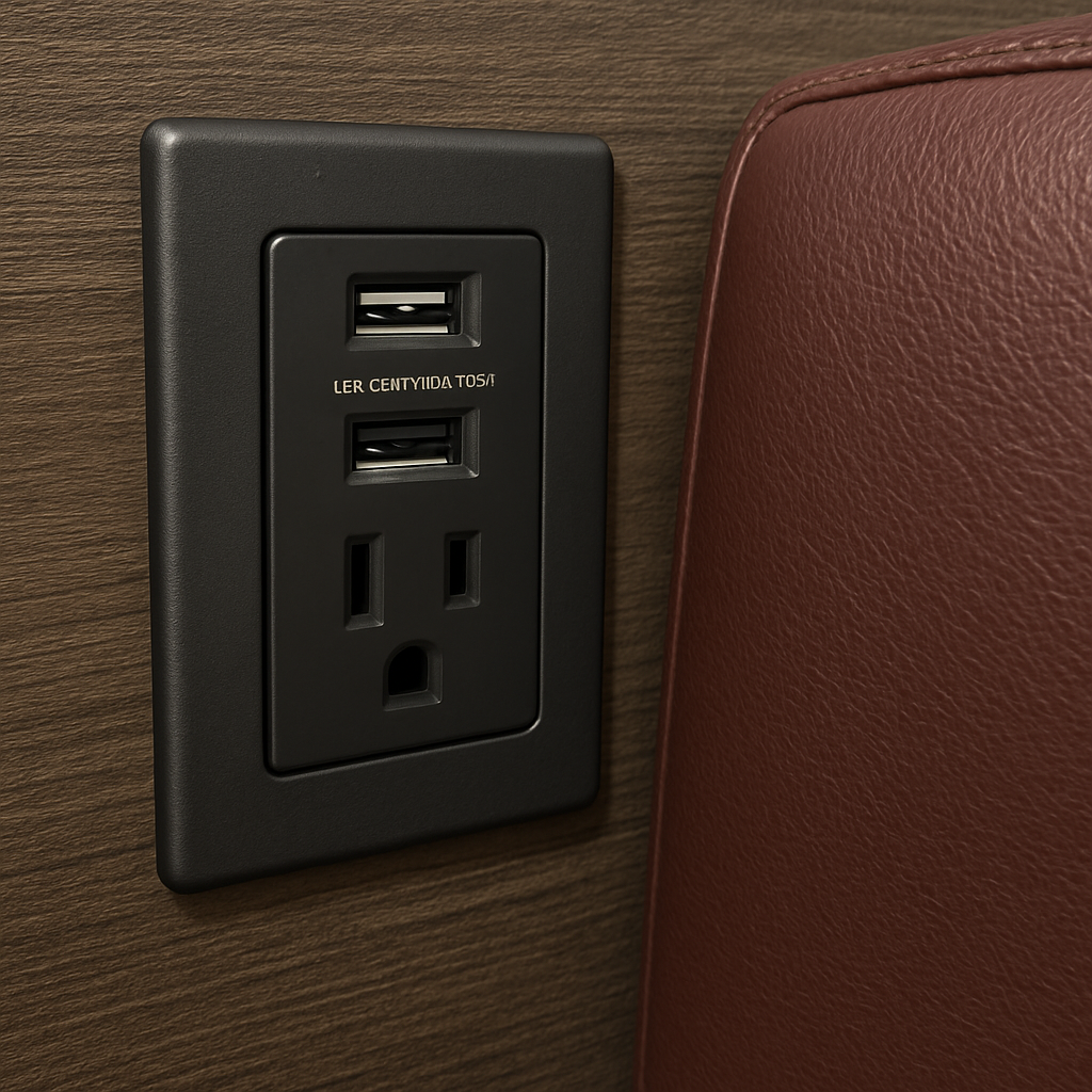 A close-up shot of the wall panel next to a booth cushion, clearly showing a built-in power outlet with two USB charging ports