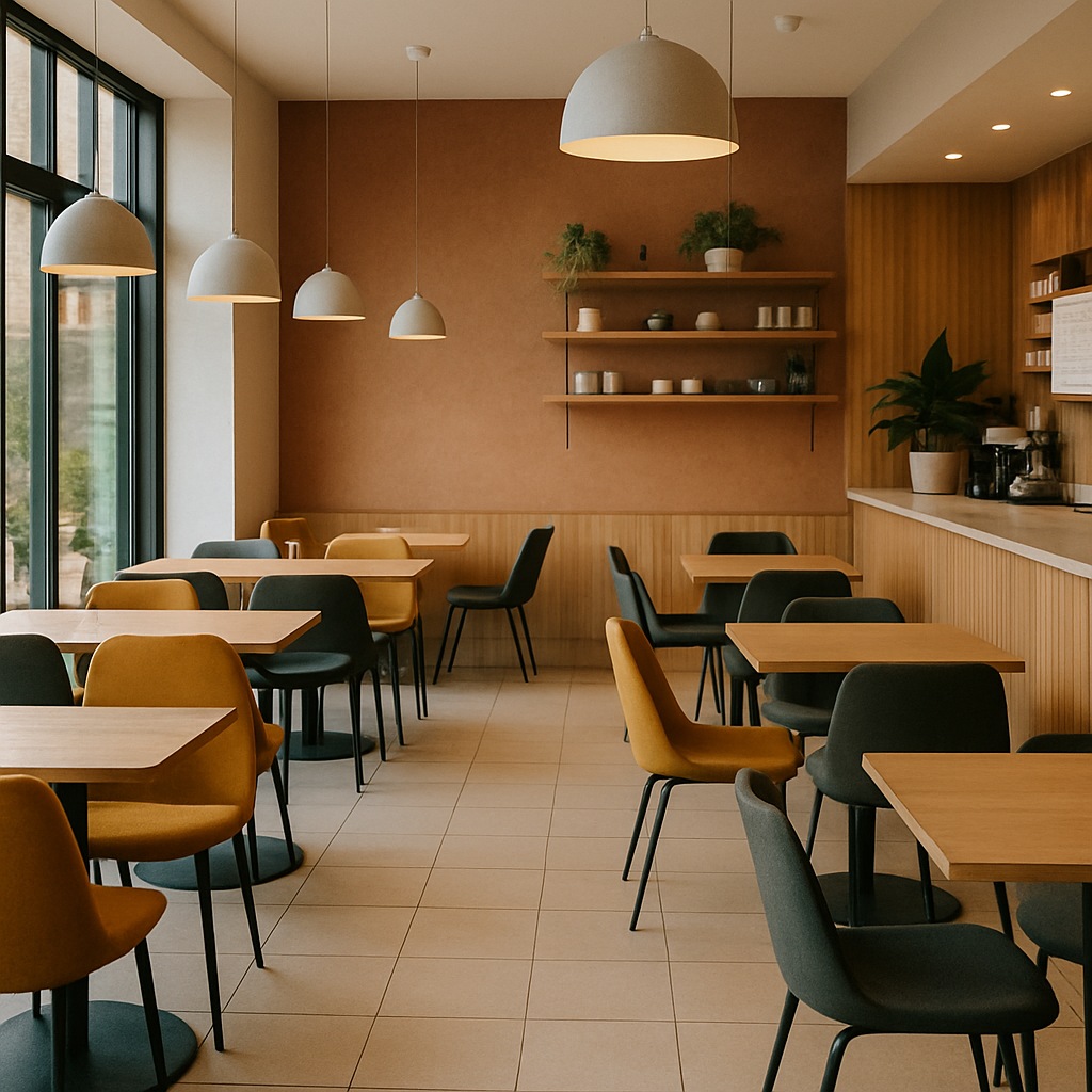 trendy cafe design with modern chairs and tables