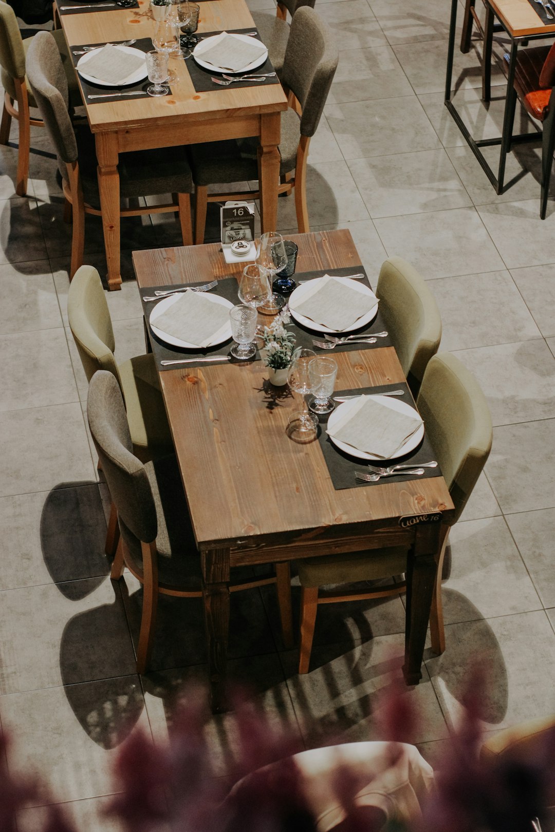 Industrial style dining table in a food court