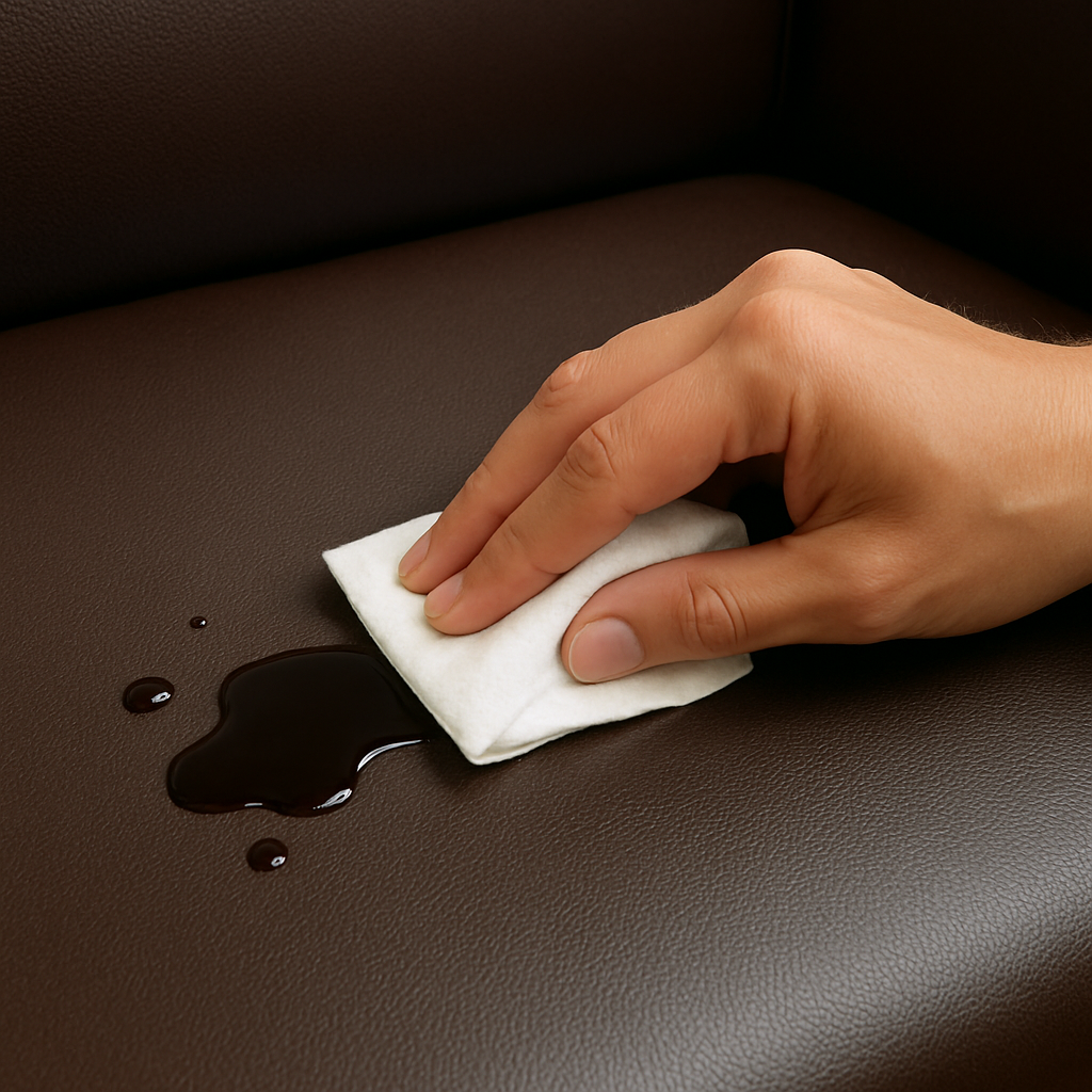 A close-up shot of a person easily wiping a small, clean-looking water or soy sauce spill off a dark-colored vinyl booth seat with a napkin, highlighting the non-absorbent texture