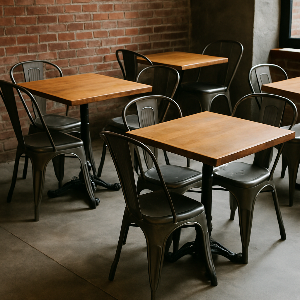 Industrial style metal dining chairs in a bistro setting