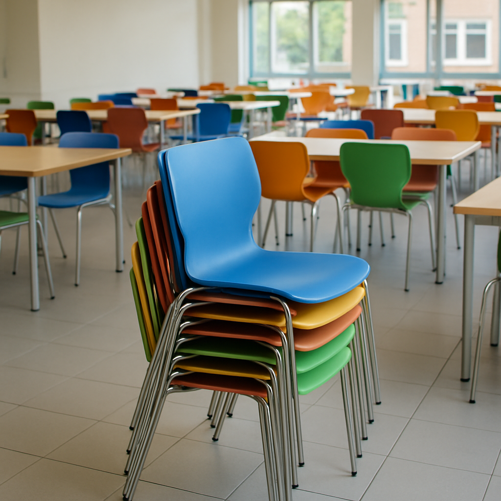 stackable chairs in a canteen setting