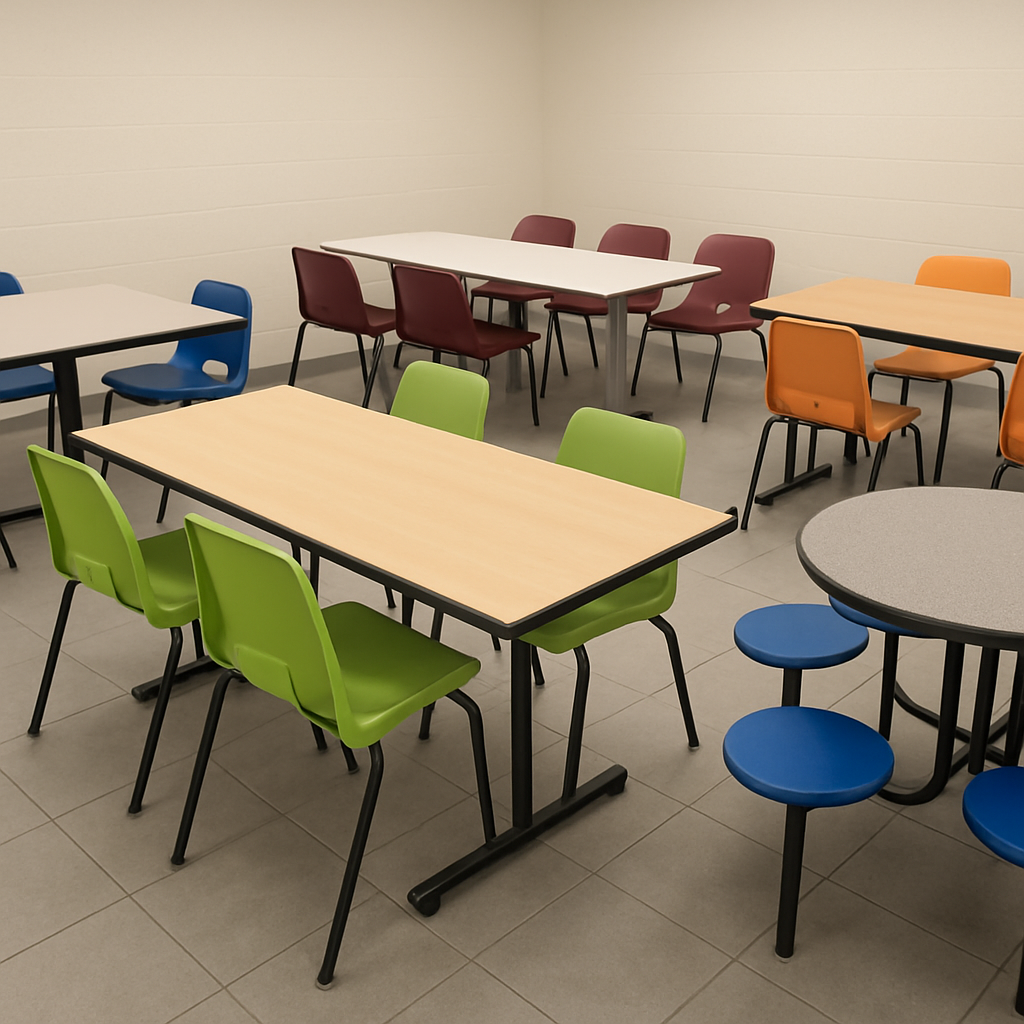 Different types of cafeteria tables displayed in a showroom
