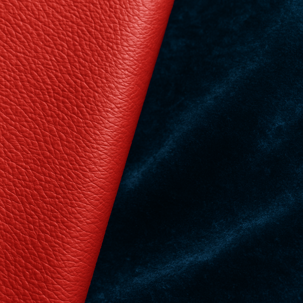 A close-up shot showing the texture of a durable, stylish red vinyl on one side and a rich, dark blue velvet on the other