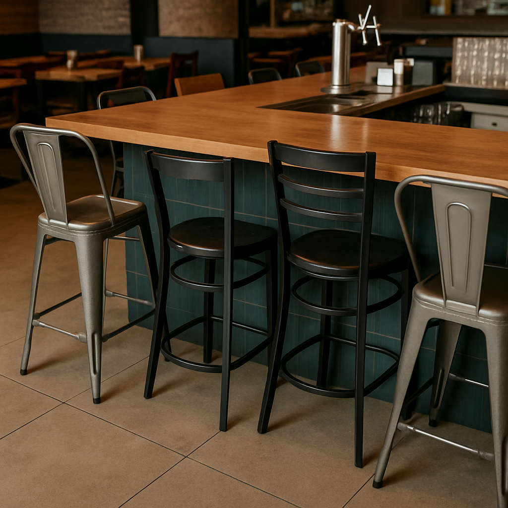 Different styles of metal bar stools in a restaurant
