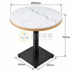 Round quartz restaurant table with white veined top, wood veneer edge and black square pedestal base