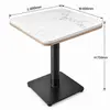 600×600×750mm square quartz restaurant table with white veined top, black pedestal and dimension labels
