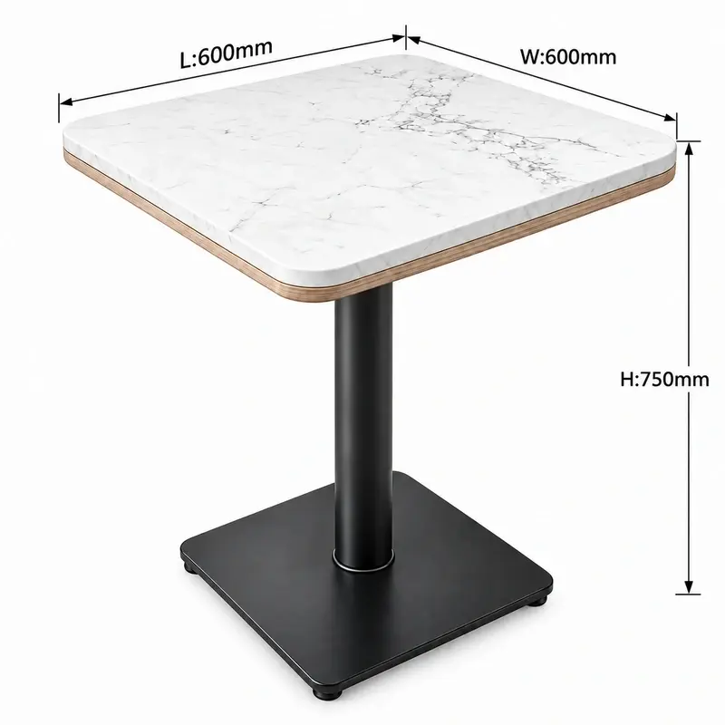 600×600×750mm square quartz restaurant table with white veined top, black pedestal and dimension labels