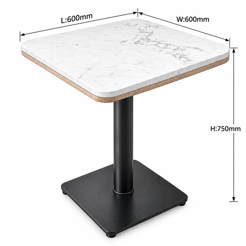 600×600×750mm square quartz restaurant table with white veined top, black pedestal and dimension labels