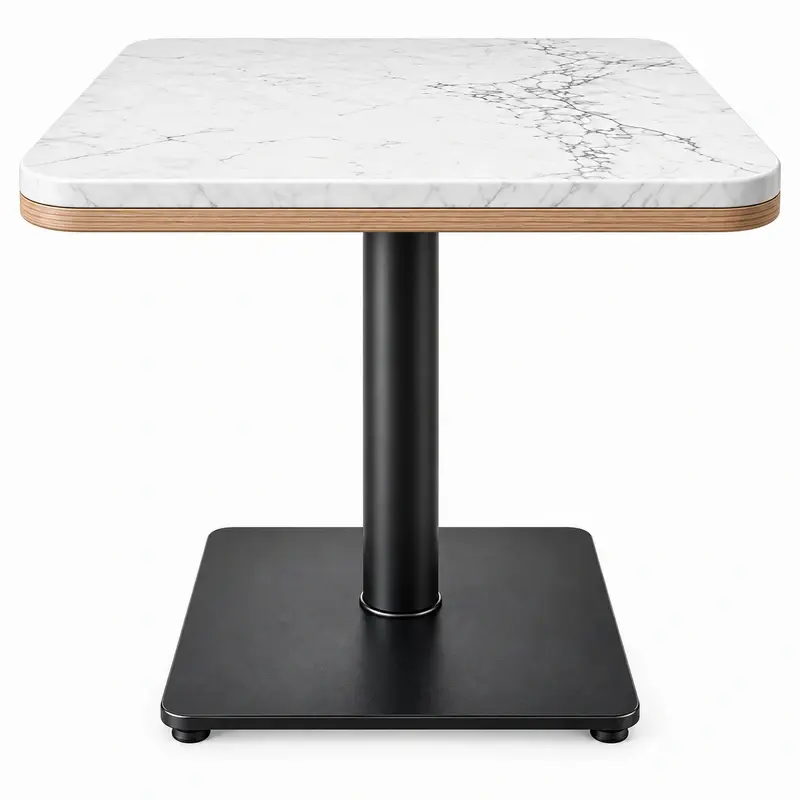 Black steel pedestal table base with square floor plate and powder-coated finish