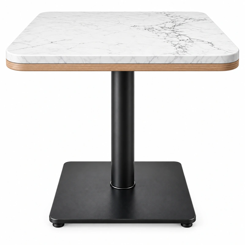 Black steel pedestal table base with square floor plate and powder-coated finish