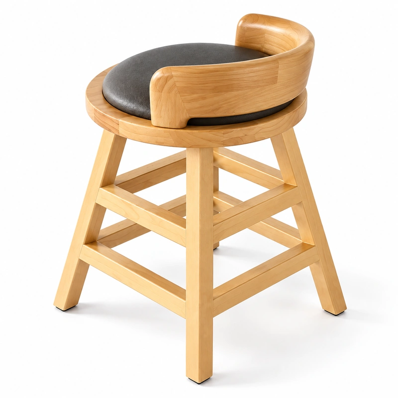 Three-quarter view of wooden dining stool with curved backrest and round padded seat