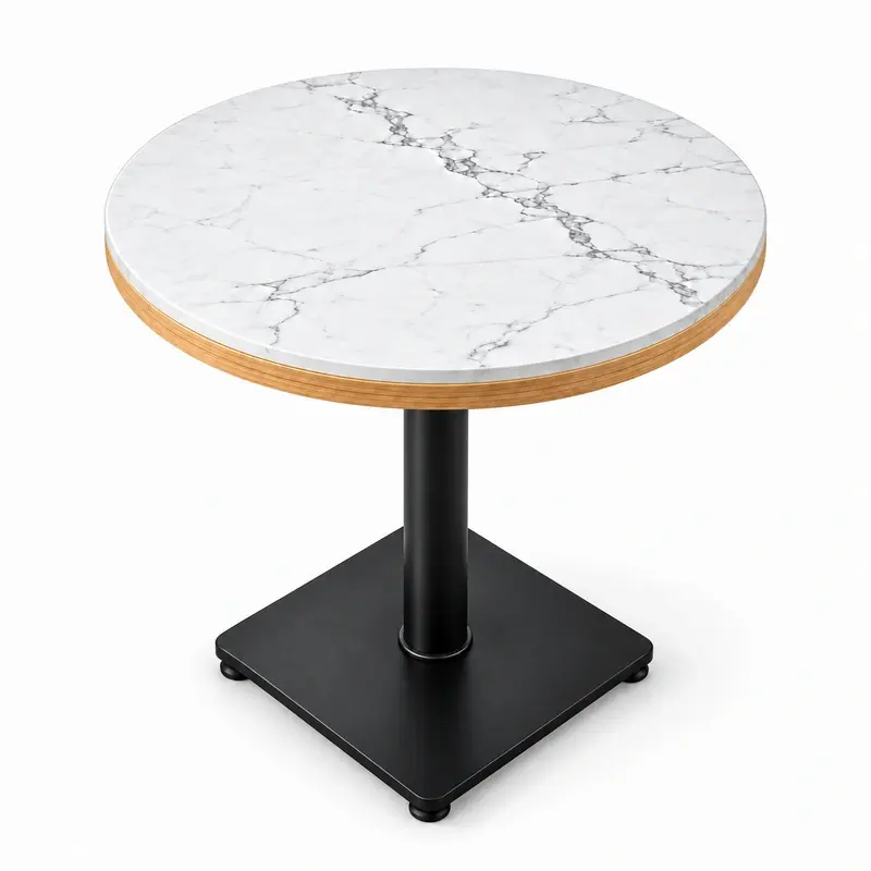 Wood veneer edge detail of round restaurant table with multilayer plywood substrate