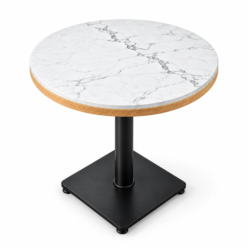 Wood veneer edge detail of round restaurant table with multilayer plywood substrate