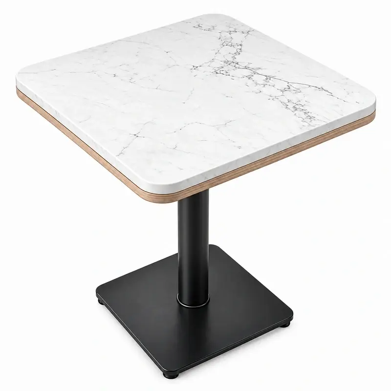 Side detail of restaurant tabletop with quartz surface and wood-veneered multilayer plywood