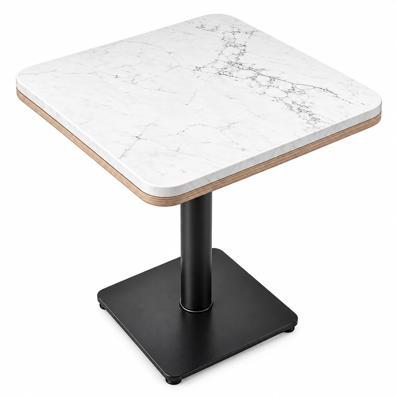 Side detail of restaurant tabletop with quartz surface and wood-veneered multilayer plywood