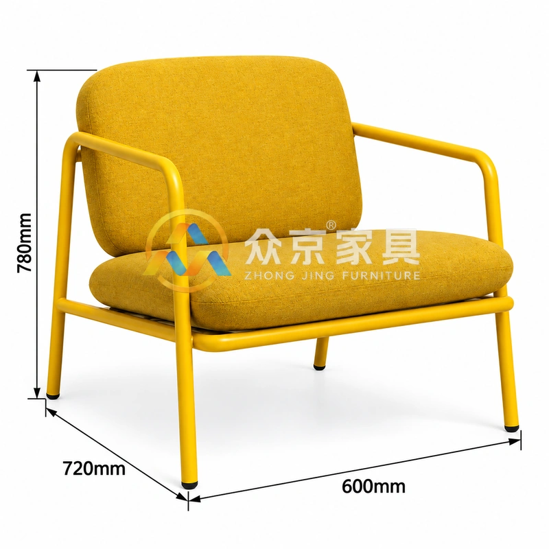 Side view of café armchair showing yellow tubular steel armrests and angled metal legs