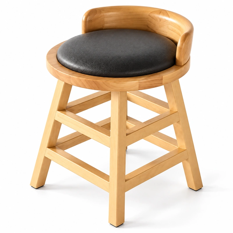 Close-up of gray leather upholstery and curved wooden backrest on restaurant stool
