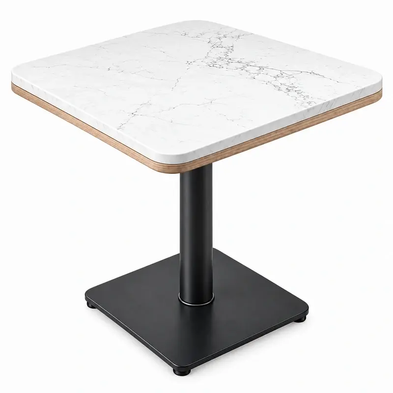Top view of square quartz café tabletop showing gray veining and rounded corners