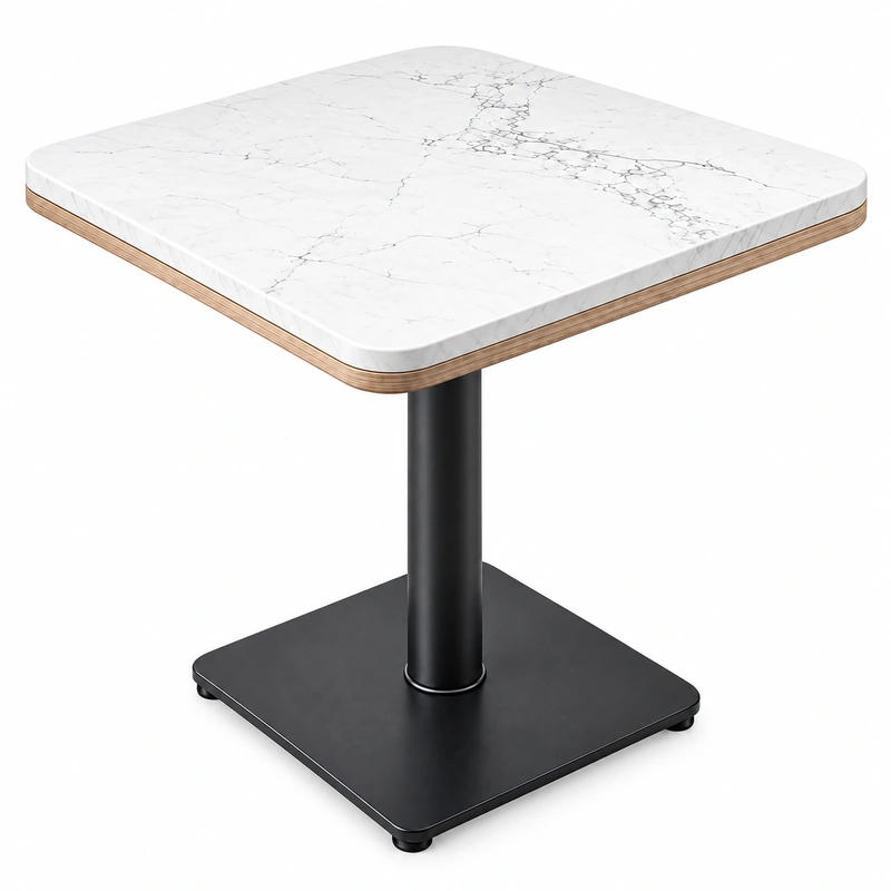 Top view of square quartz café tabletop showing gray veining and rounded corners