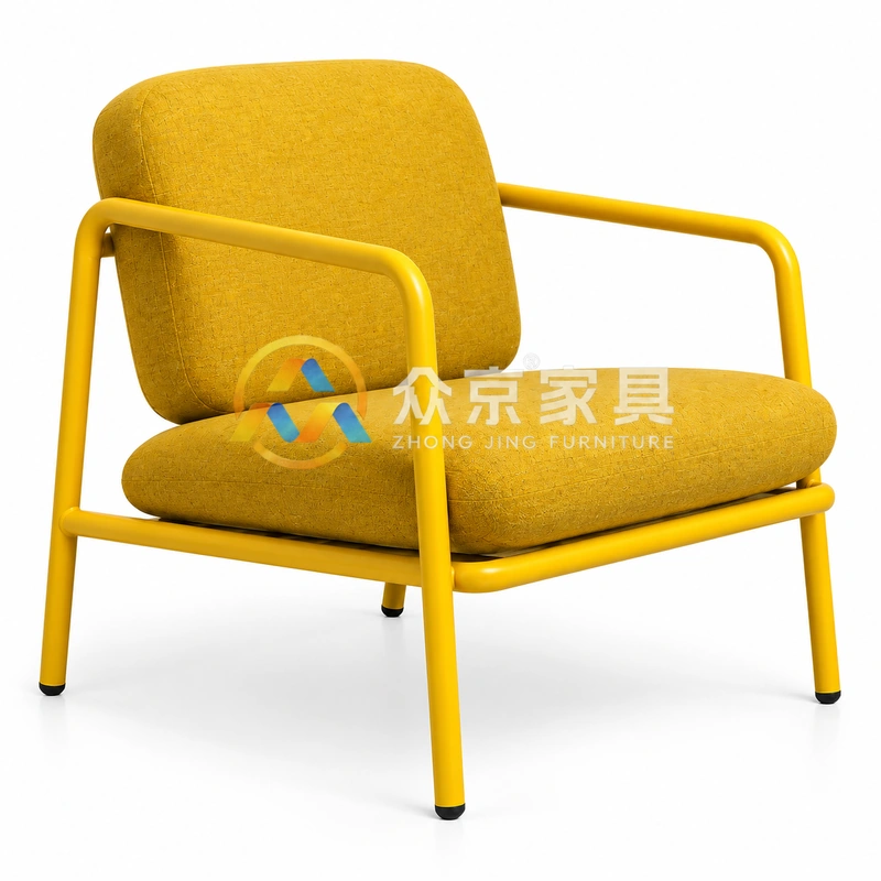 Close-up of yellow upholstered seat cushion and broad padded backrest on commercial lounge chair