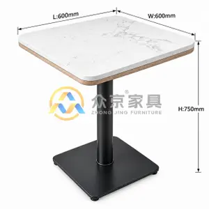 600×600×750mm square quartz restaurant table with white veined top, black pedestal and dimension labels