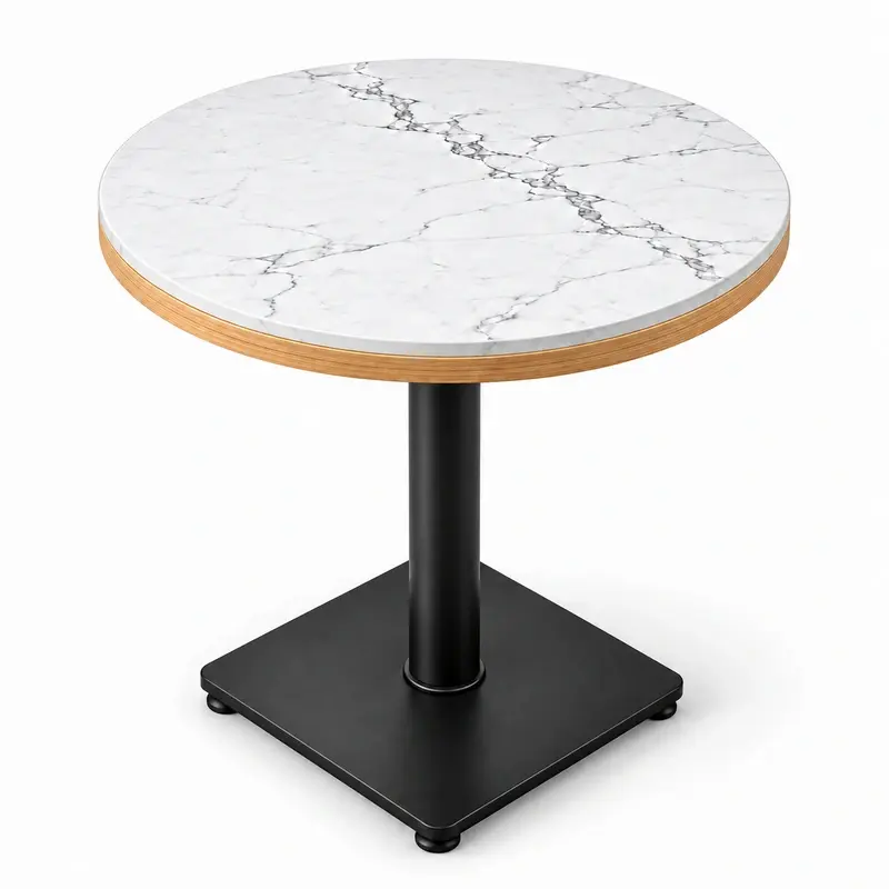Close-up of white quartz tabletop with gray veining and rounded edge detailing